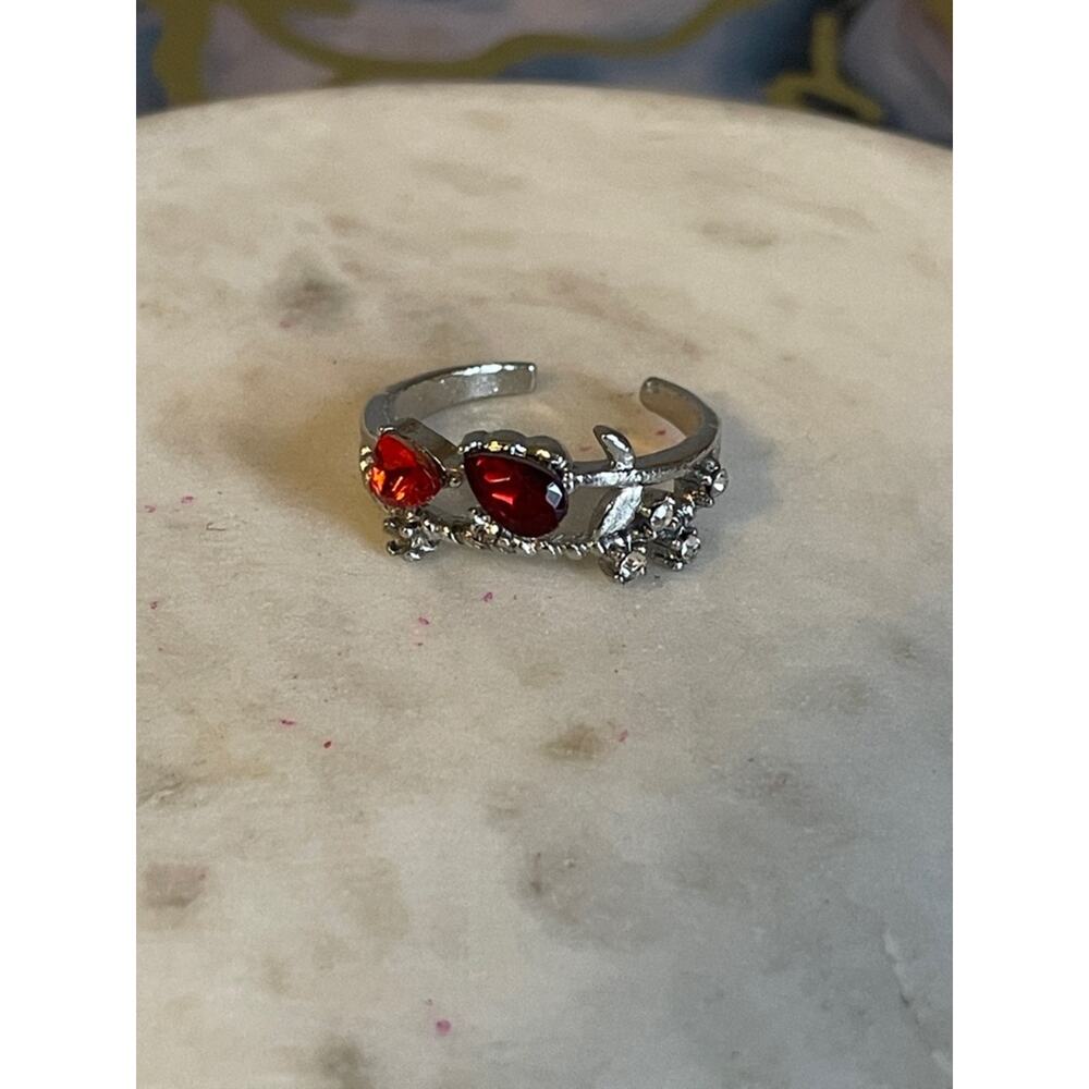 Silver Floral Ring with Red Teardrop heart Stones - Women Jewelry adjustable